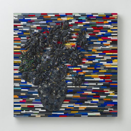 林俊彬作品《梵谷在向日葵裡的戰場》，85x85cm,鋼彈,2015